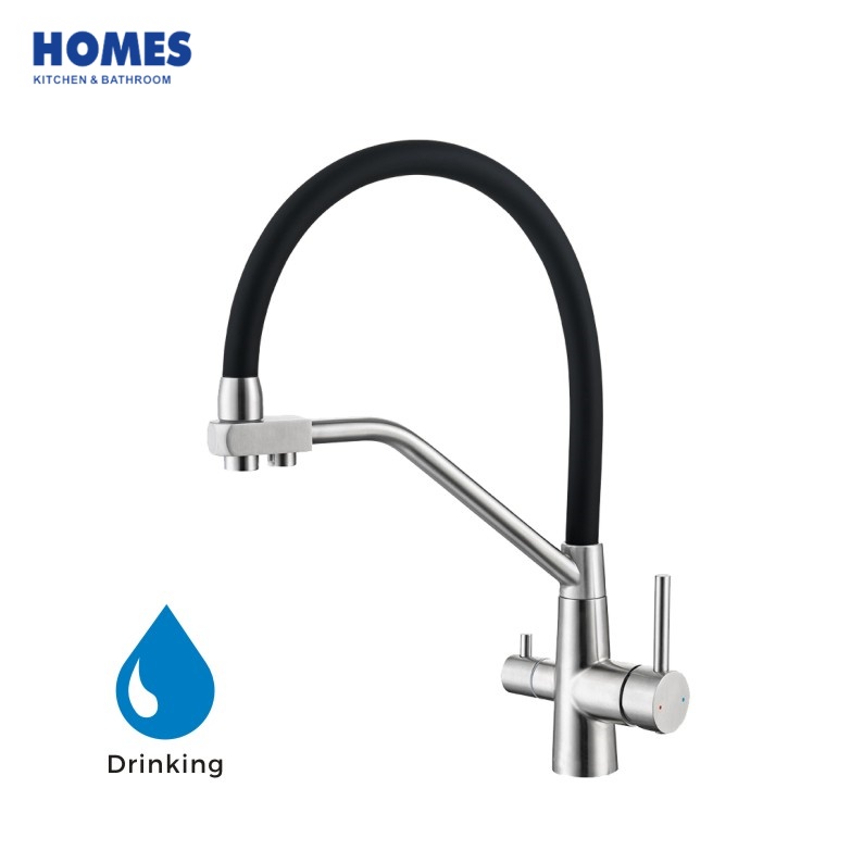 HFK303 2-in-1 Filter Faucet, Stainless Steel Pull Out Swivel Kitchen Tap with Brushed Black Hose