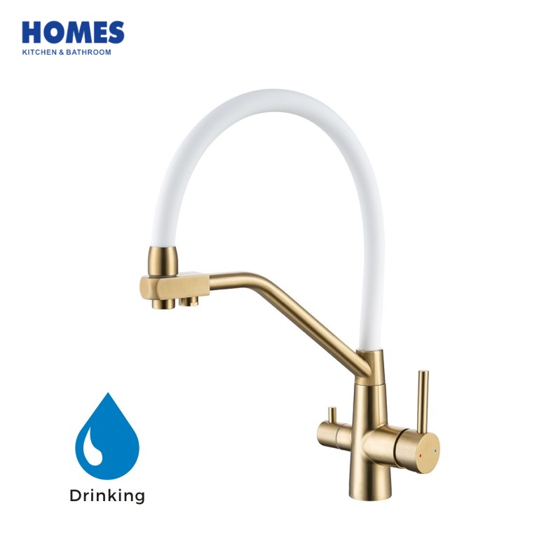 HFK305 2-in-1 Filter Kitchen Tap | Stainless Steel Pull Out Swivel Faucet with Gold Finish & White Flexible Hose