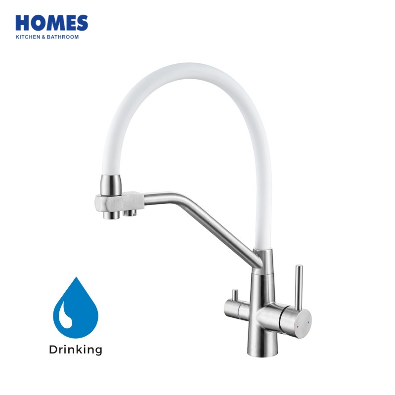 HFK306 2-in-1 Filter Kitchen Tap | Stainless Steel Pull Out Swivel Faucet with Brushed Finish & White Flexible Hose