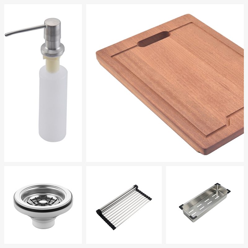 Sink drain, bottom grid, cutting board and soap dispenser accessories