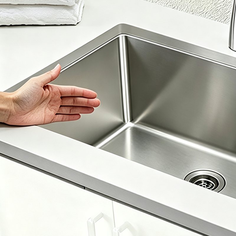 Undermount stainless steel sink rim and welded bowl corner