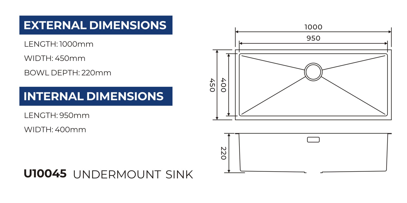 U10045 undermount sink technical drawing with overall and bowl dimensions