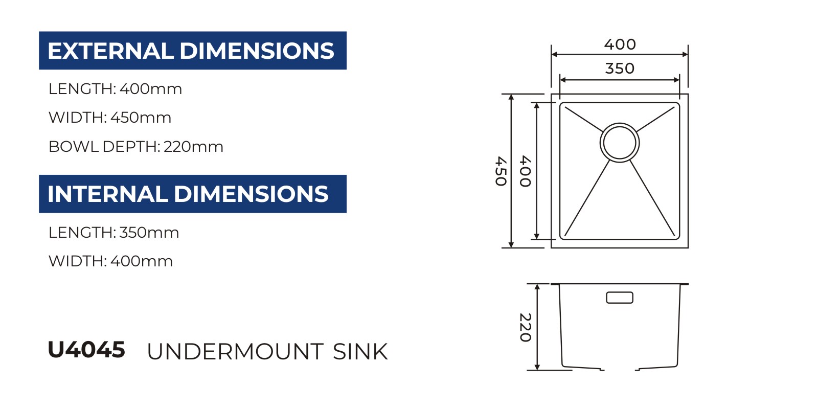 U4045 undermount sink technical drawing with overall and bowl dimensions