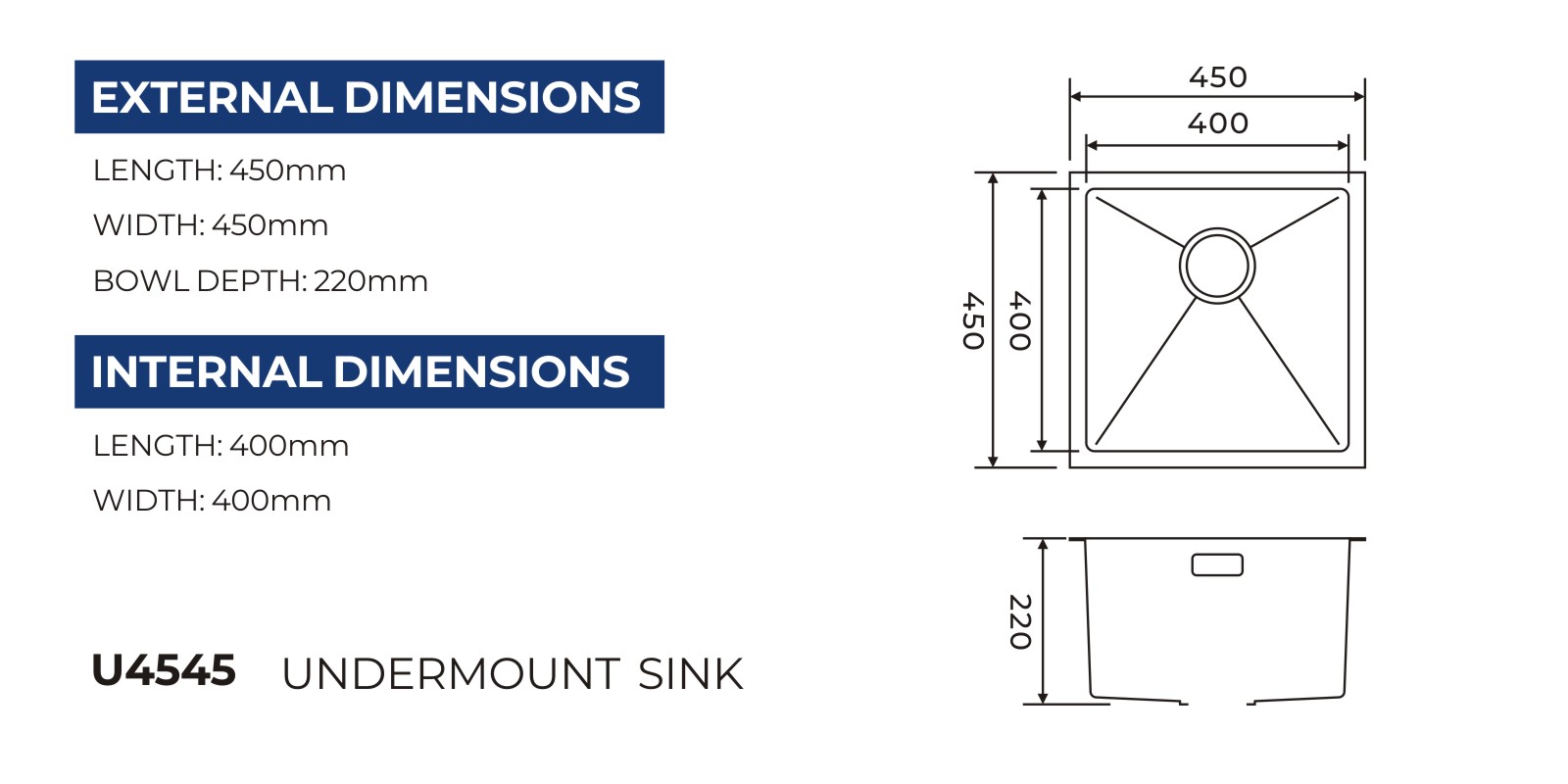 U4545 undermount sink technical drawing with overall and bowl dimensions
