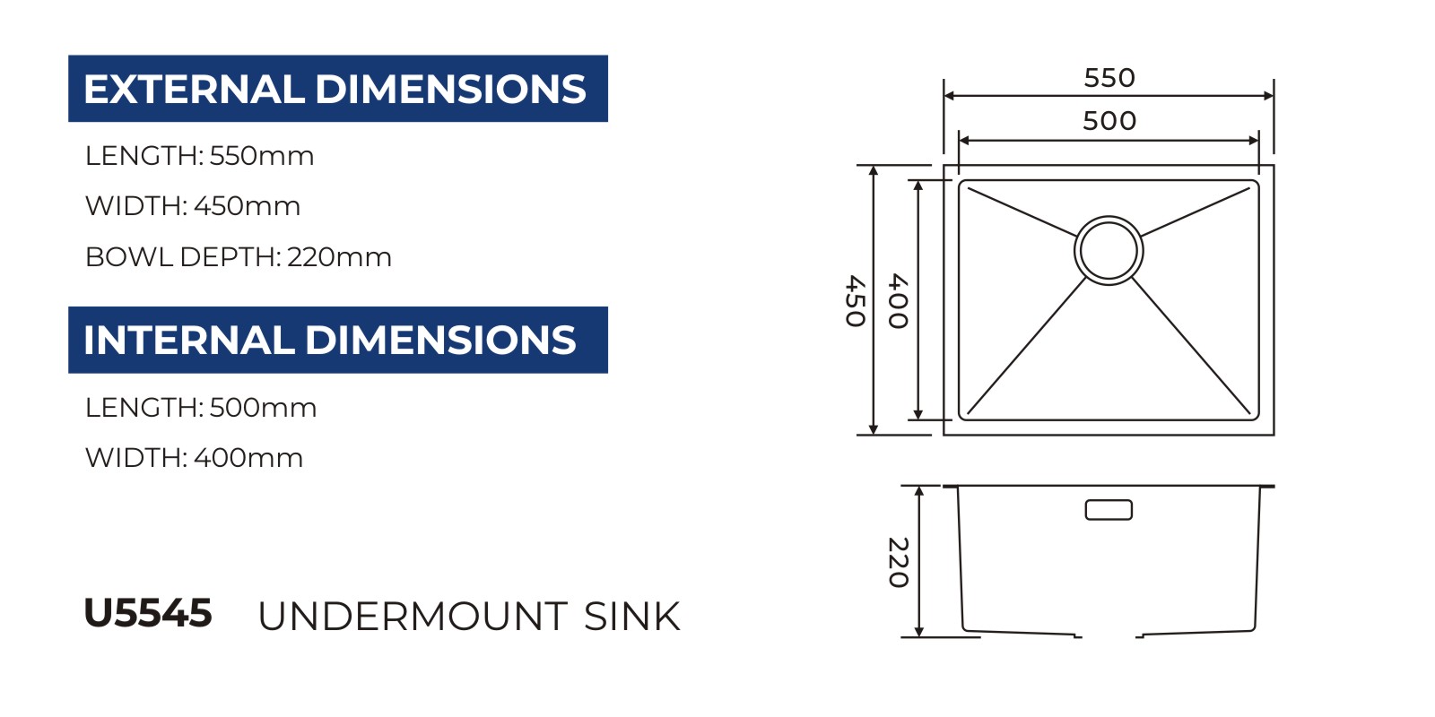 U5545 undermount sink technical drawing with overall and bowl dimensions