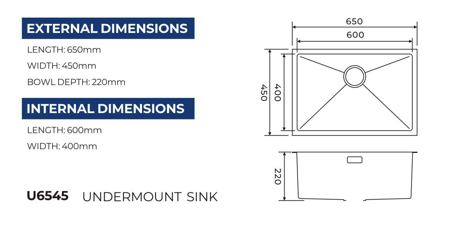 U6545 undermount sink technical drawing with overall and bowl dimensions