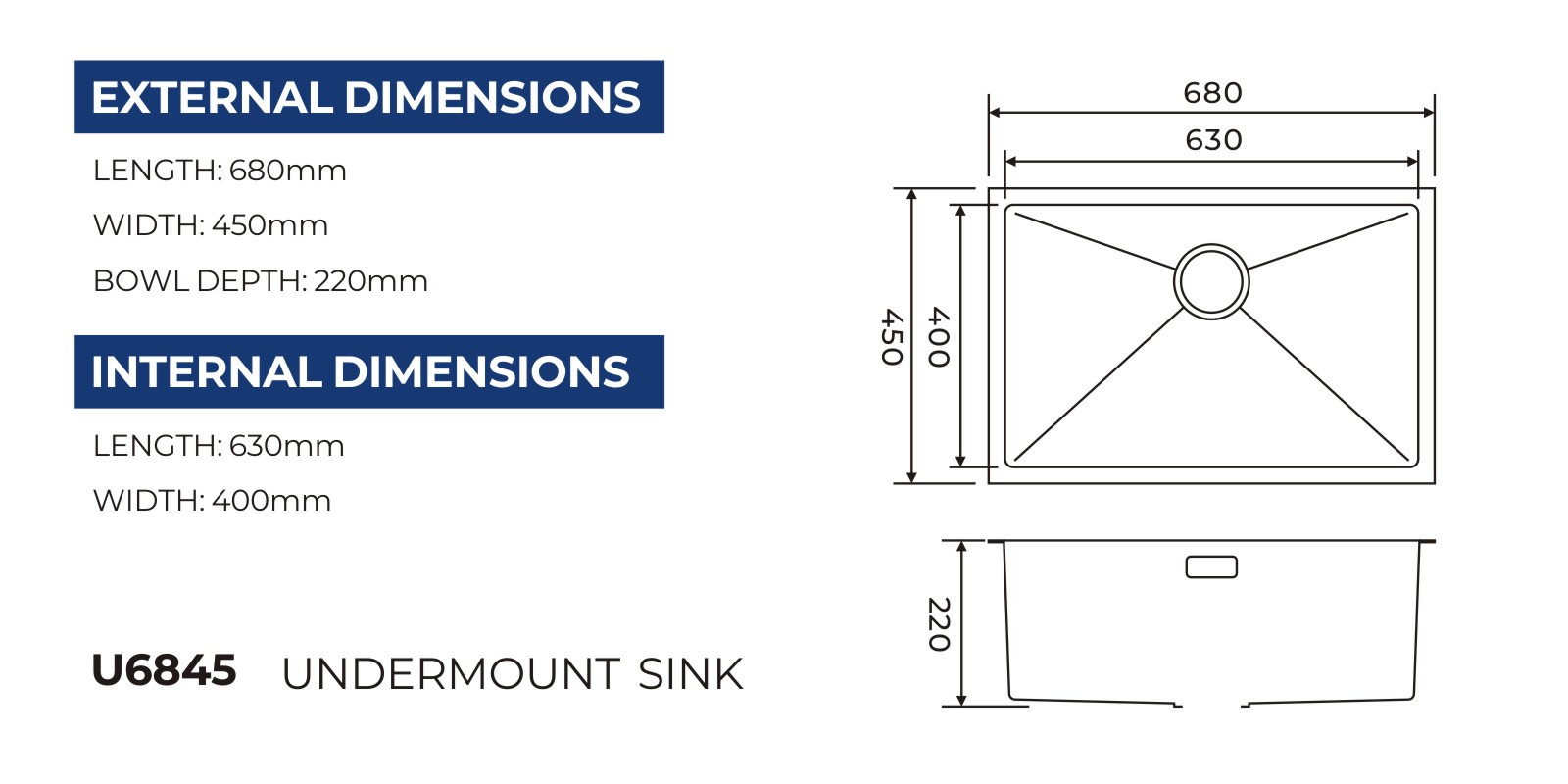 U6845 undermount sink technical drawing with overall and bowl dimensions