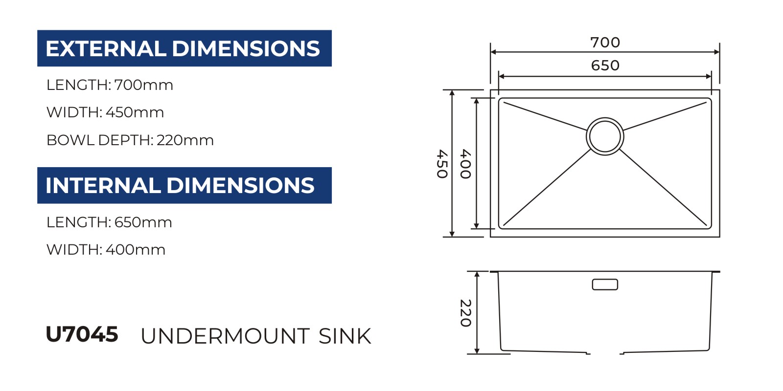 U7045 undermount sink technical drawing with overall and bowl dimensions