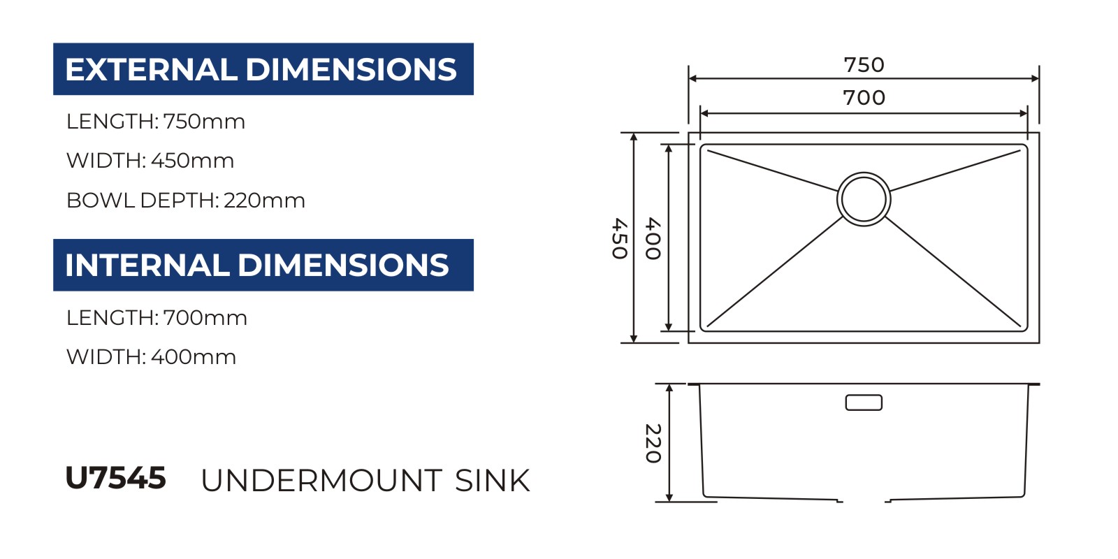 U7545 undermount sink technical drawing with overall and bowl dimensions