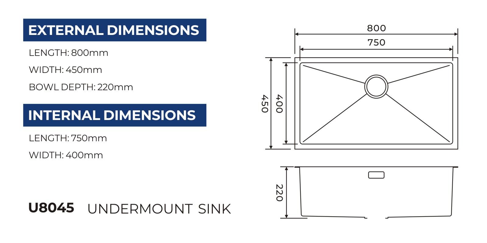 U8045 undermount sink technical drawing with overall and bowl dimensions