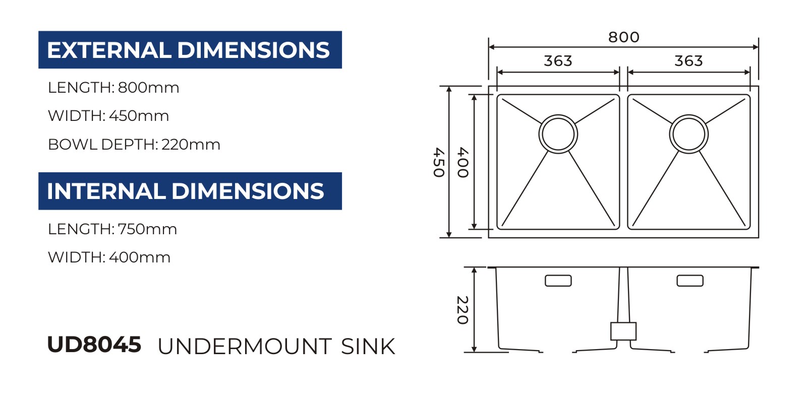 UD8045 double bowl undermount sink technical drawing with overall and bowl dimensions