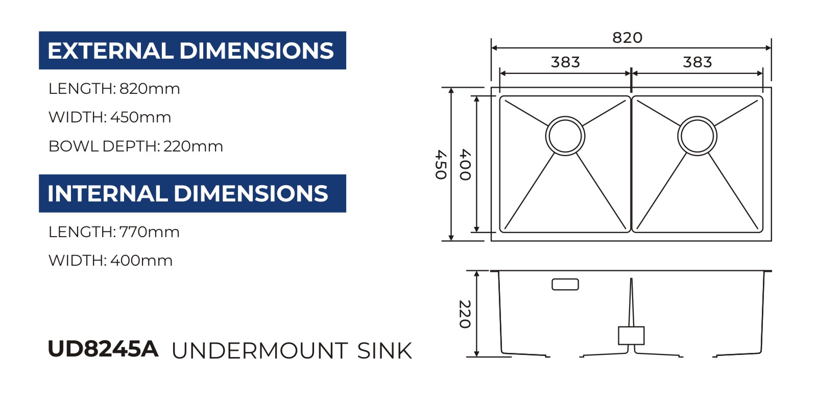 UD8245A double bowl undermount sink technical drawing with overall and bowl dimensions