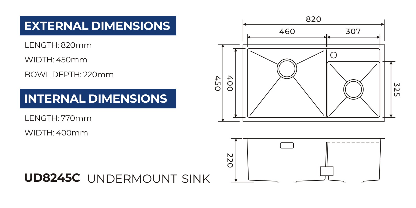 UD8245C double bowl undermount sink technical drawing with faucet deck dimensions
